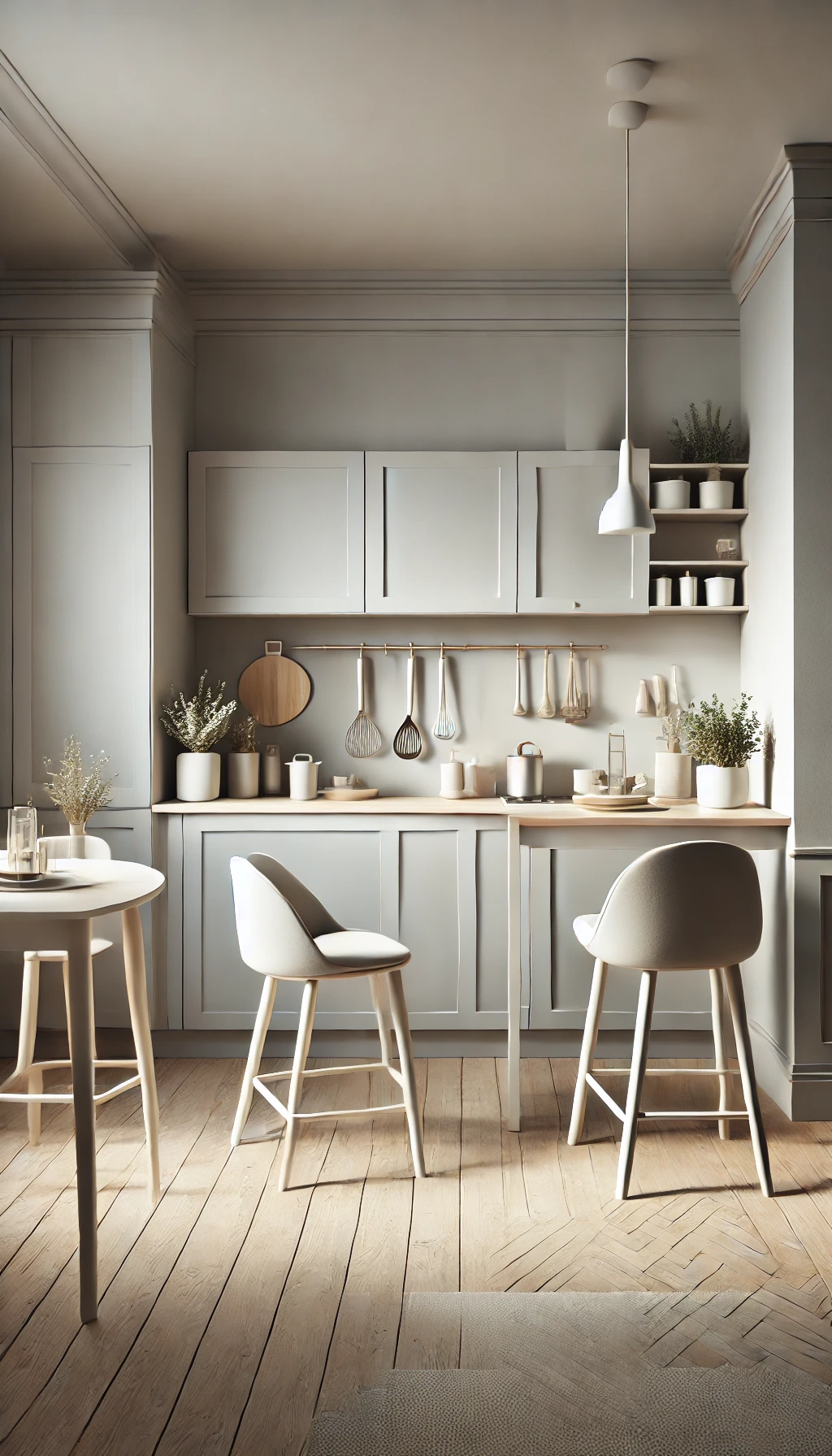 DALL·E 2025-01-04 09.11.31 - A cozy and aesthetic kitchen corner with soft gray tones. The kitchen features a bar table with high white chairs, creating a modern yet warm atmosphe