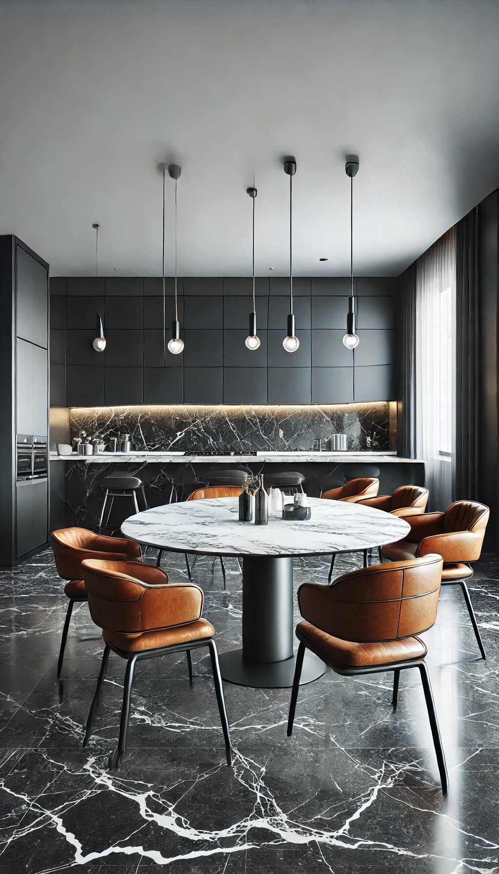 DALL·E 2025-01-04 09.11.38 - A modern monochrome kitchen with a marble dining table and industrial-style chairs upholstered in brown leather. The kitchen features sleek, minimalis