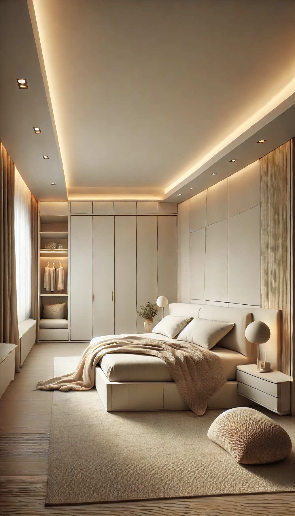 DALL·E 2025-03-15 14.11.35 - A modern bedroom interior with a simple and minimalist design. The room features a flat white ceiling, built-in minimalist wardrobe, and soft, calming
