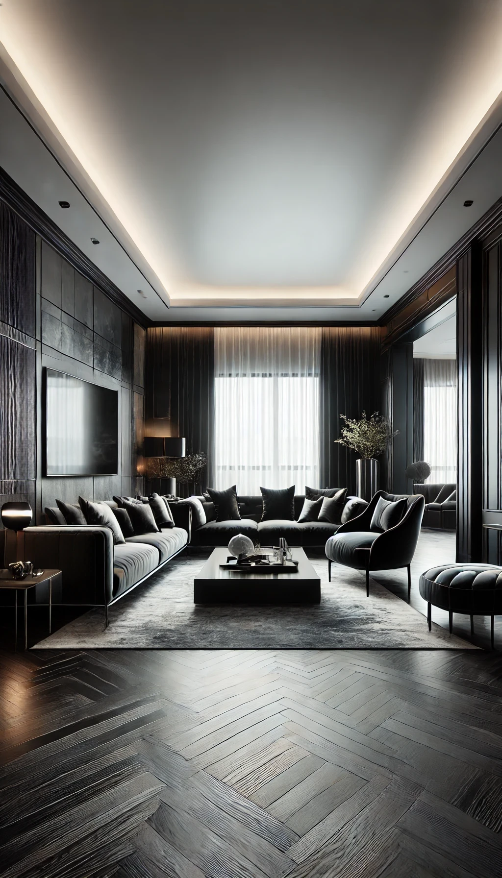 DALL·E 2025-03-15 15.07.59 - A modern living room design with a black and white color scheme. The space features dark, dramatic walls and furniture, creating a bold contrast again