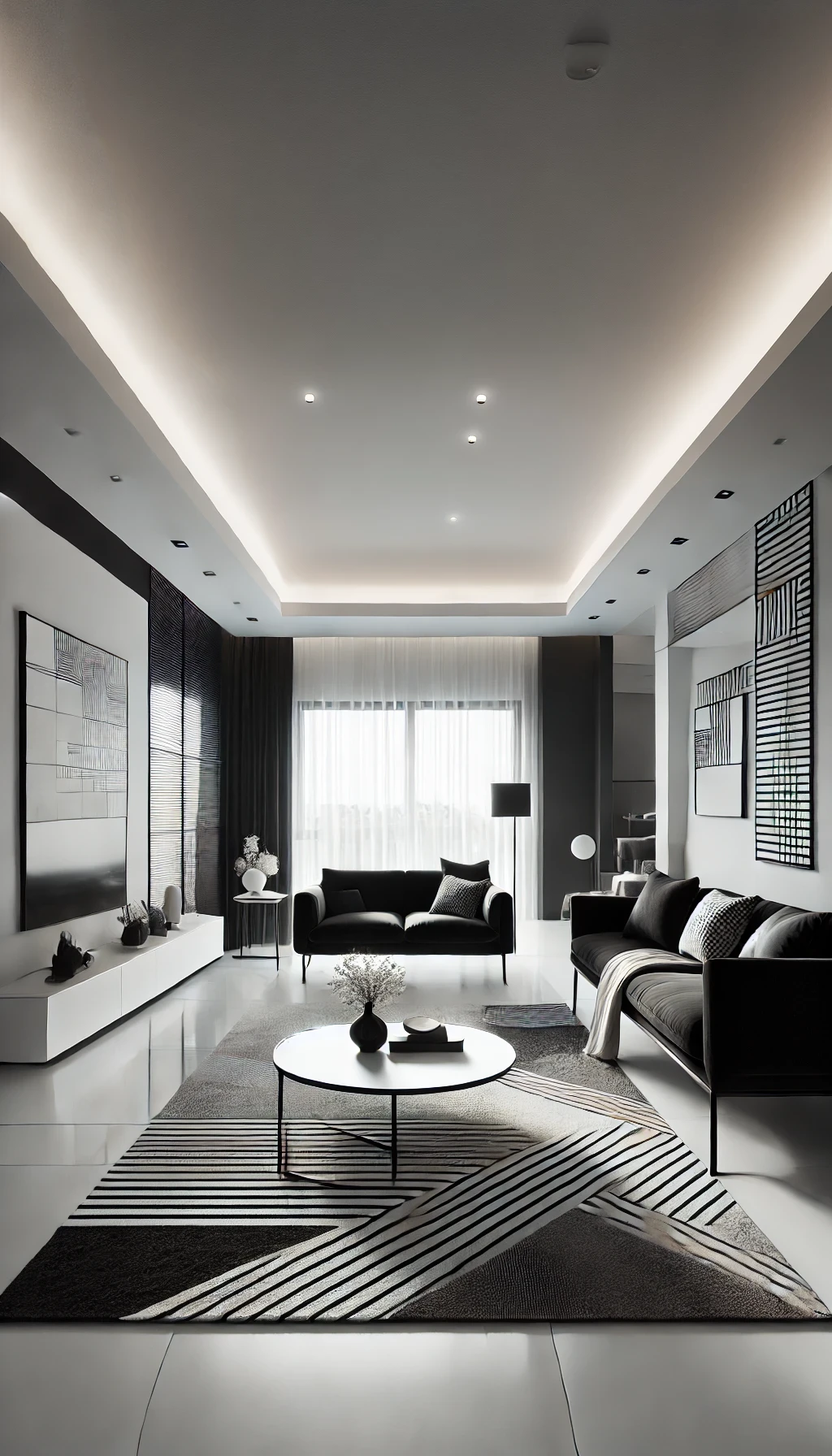 DALL·E 2025-03-20 13.47.56 - A modern minimalist living room with black and white decor. The room features a sleek drop ceiling with recessed LED lighting, creating a soft ambient